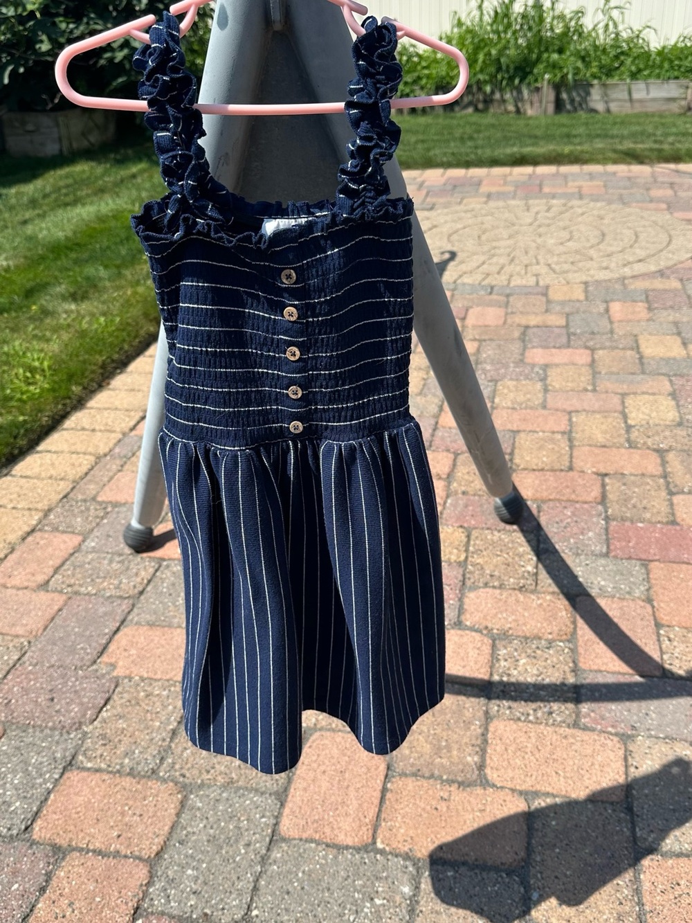 Rare Editions Navy and White Pinstripe Ruffle-Strap Dress